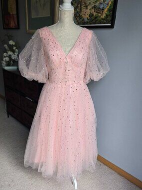 NEW Pink starry tulle prom dress Tea length V-neck Lace-up, Size 8